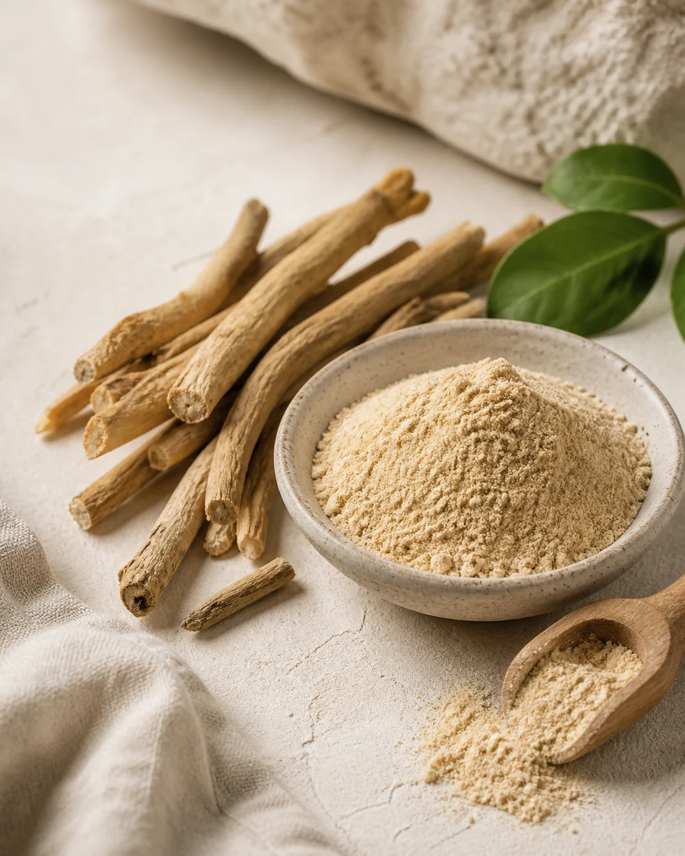 Ashwagandha roots and powder arranged on a cream stone surface