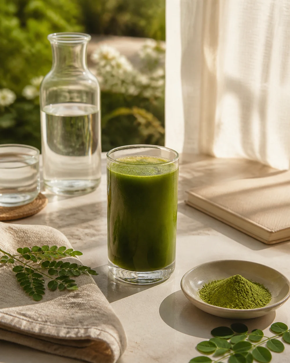 Morning moringa drink beside water, linen, leaves, and a notebook